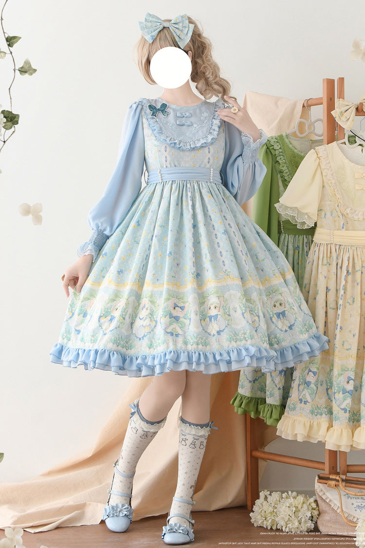 Blue Lily of the Valley Cat Print Ruffle Embroidery Bowknot Sweet Lolita Dress