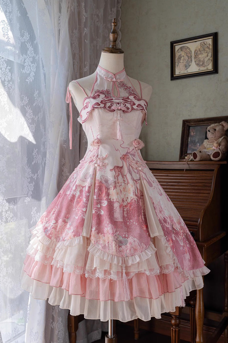 Pink Flower Feast Multi-Layered Print Ruffle Bowknot Sweet Chinese Style Lolita Jsk Dress