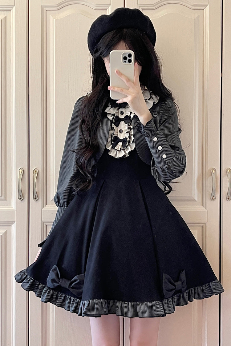 Black Serenade Long Sleeves Ruffle Bowknot Fake Two Pieces Classic Lolita Dress