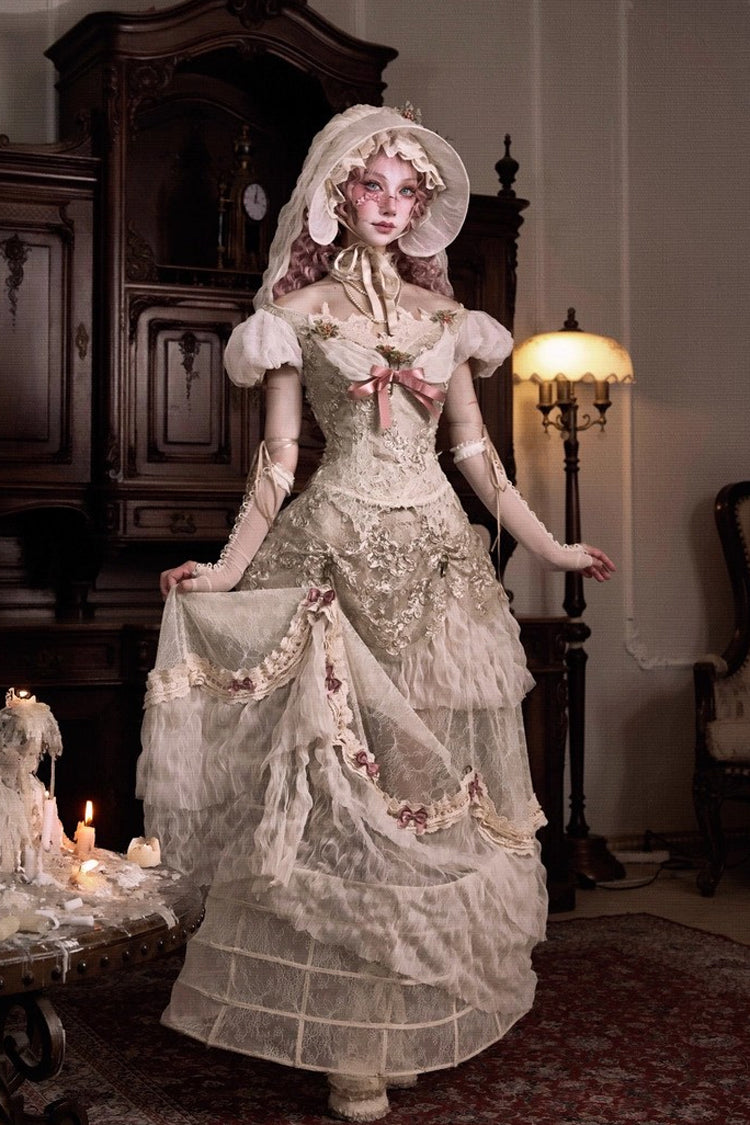 Light Brown Cupid's Poetry Box Boat Neck Short Puff Sleeves Ruffled Cut-Out Embroidered Bow Lace Gothic Elegant Lolita Skirt Dress and Top Set