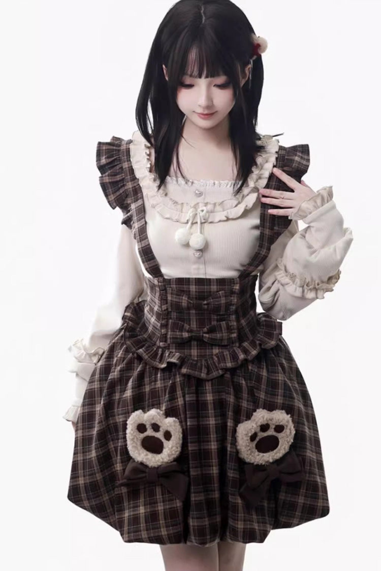 Brown Fluffy Little Bear Sleeveless Printed Ruffled Bow Sweet Lolita Strap Dress