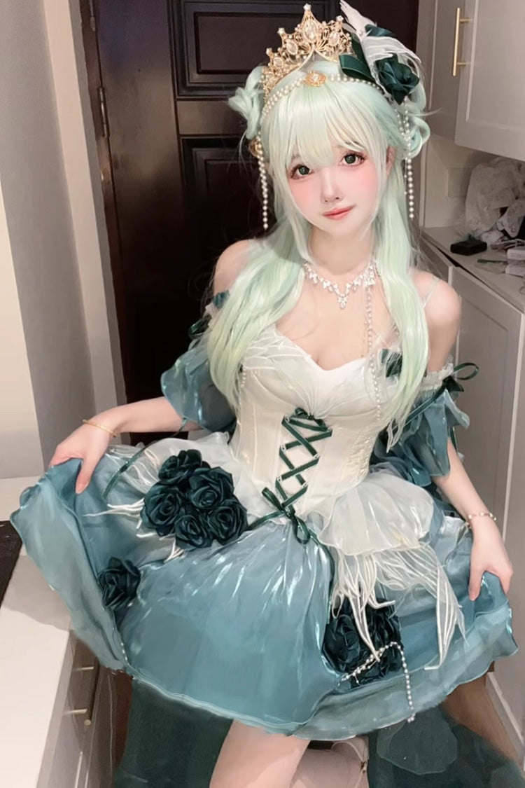 Amber Green Swan Wonderland Embroidery Bowknot Lace-Up Sweet Ballet Lolita Jsk Dress Short Version