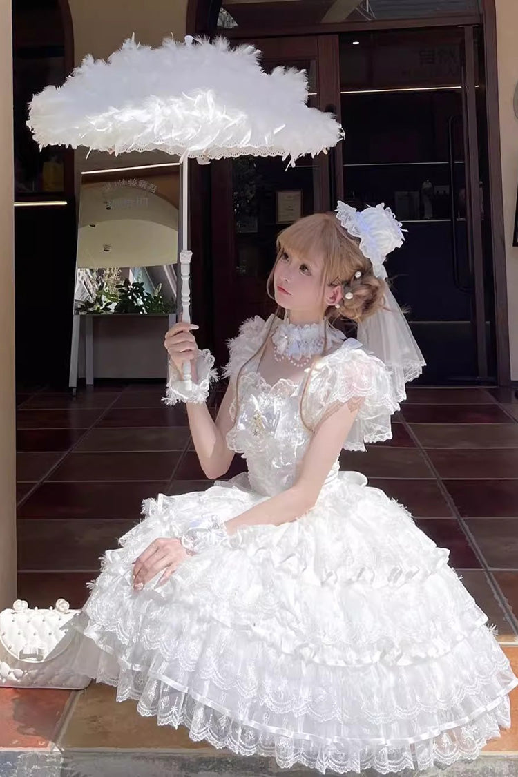 White Ballad of Feathers Sleeveless Multi-Layered Ruffle Hanayome Bowknot Sweet Lolita Jsk Dress