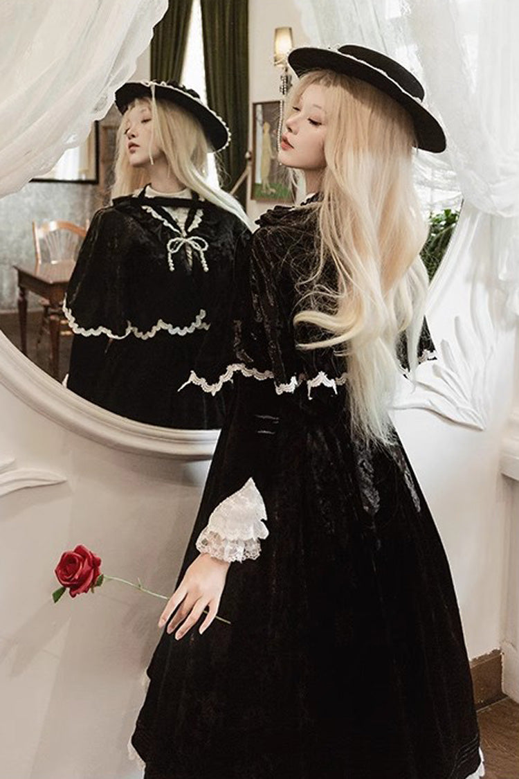 Black Whispering Castle Long Sleeves Ruffle Bowknot Lace Gothic Lolita Dress