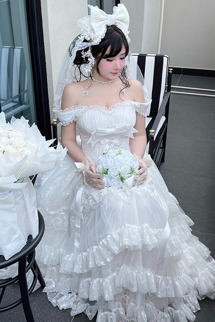 White Maiden Lace Off Shoulder Triple-Layered Ruffle Hanayome Bowknot Lace Sweet Lolita Jsk Dress