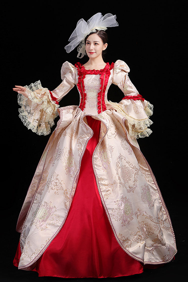 Wine/Golden Stitching Court Style High Waisted Trumpet Sleeves Embroidery Floral Print Victorian Lolita Prom Dress