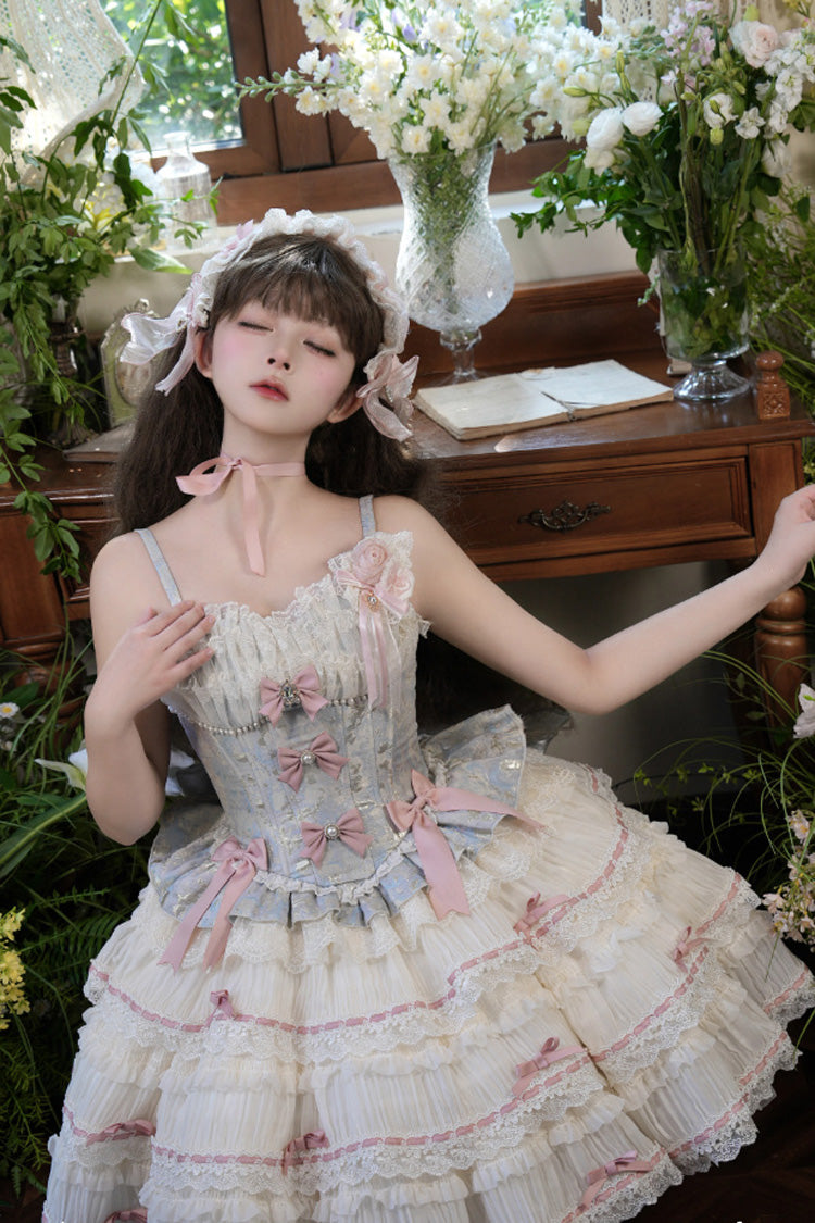 Blue/Apricot Sea Salt Souffle Sleeveless Multi-Layered Bowknot Lace Sweet Ballet Lolita Jsk Dress