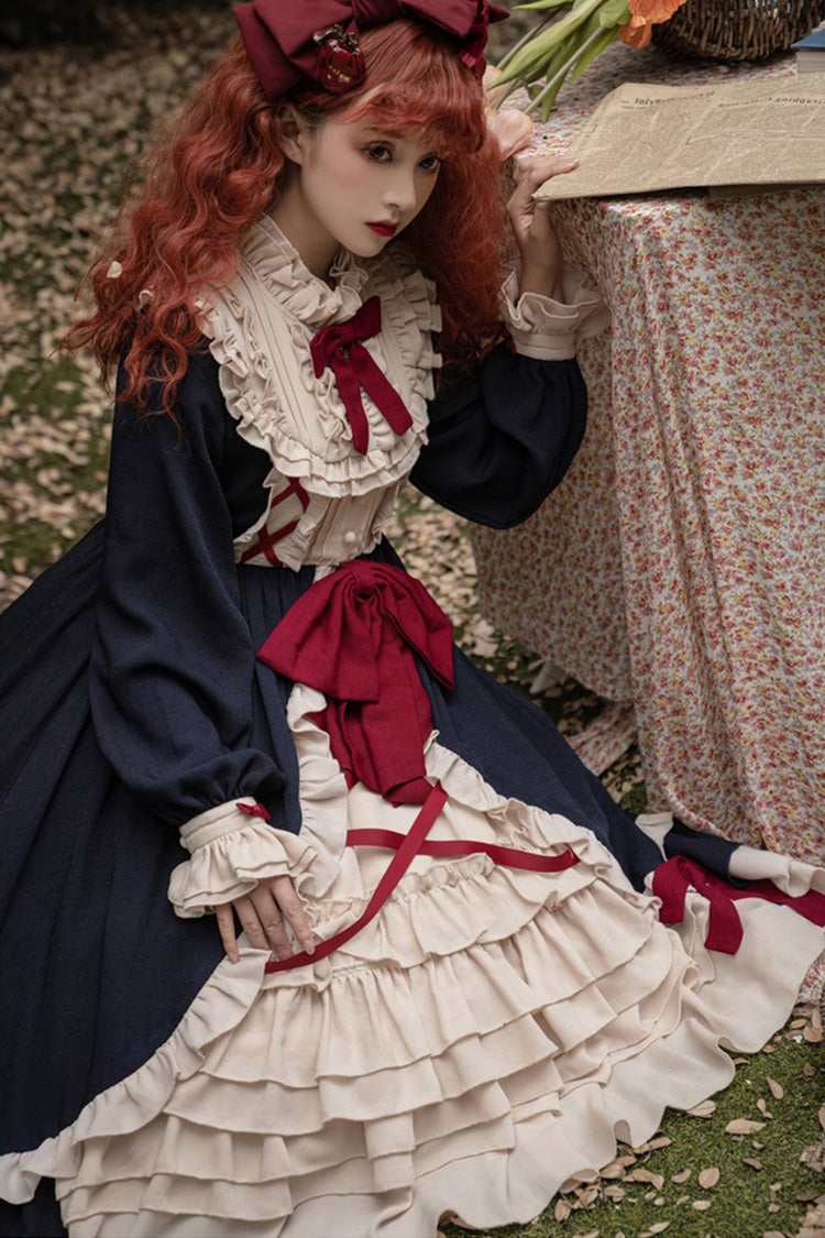 Blue Round Collar Bowknot Long Sleeves Multi-Layer Ruffled Sweet Lolita OP Dress