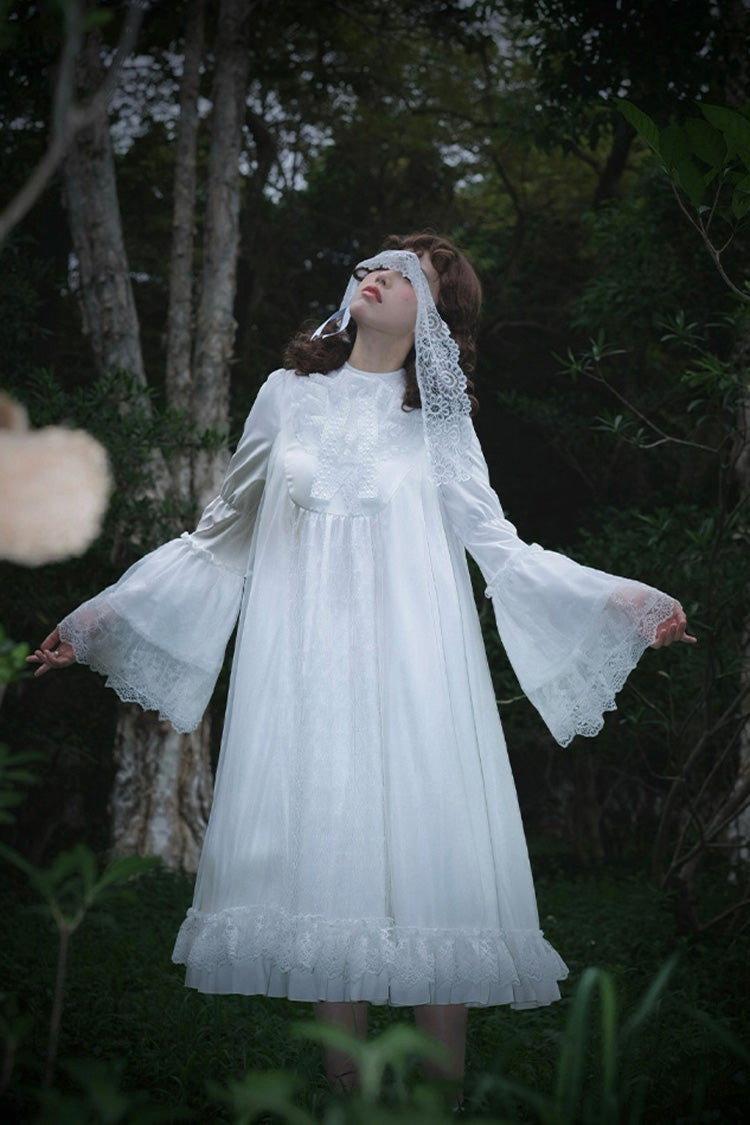 White Requiem Stand Collar Long Sleeves Ruffle Lace Gothic Lolita Dress