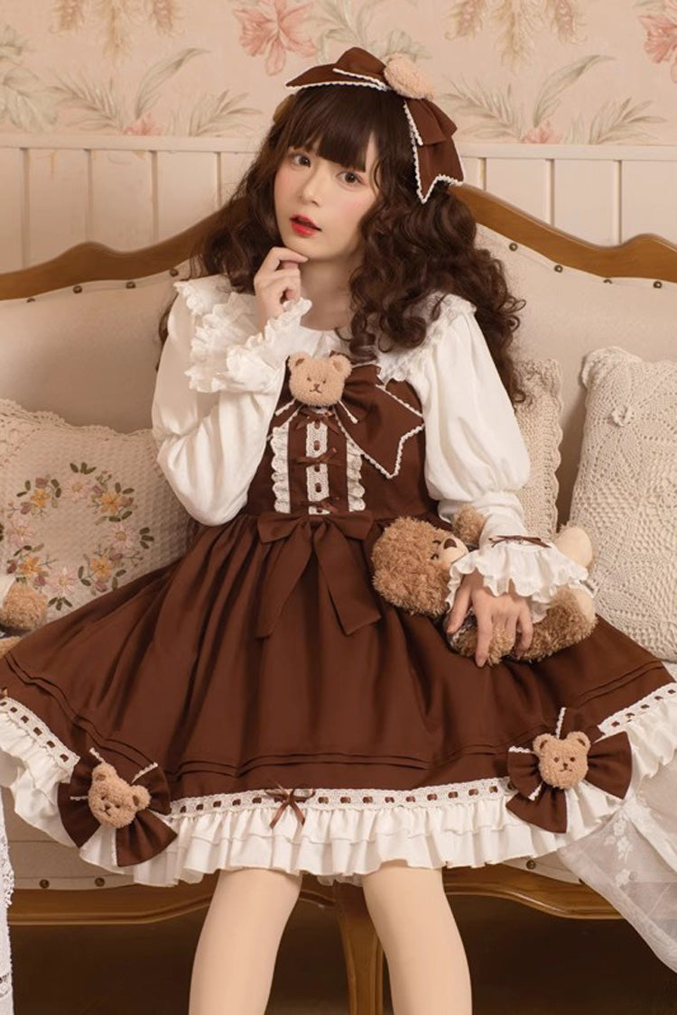 Brown Mousse Bear Sleeveless Ruffle Bowknot Sweet Vintage Princess Lolita Jsk Dress