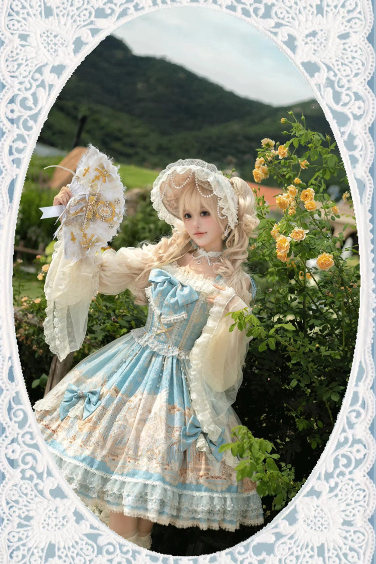 Blue Unicorn Print Sleeveless Multi-Layered Embroidery Bowknot Lace Sweet Lolita Jsk Dress