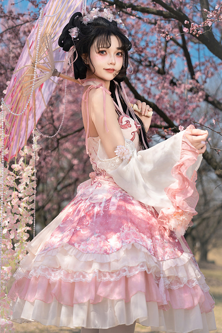 Pink Flower Feast Multi-Layered Print Ruffle Bowknot Sweet Chinese Style Lolita Jsk Dress