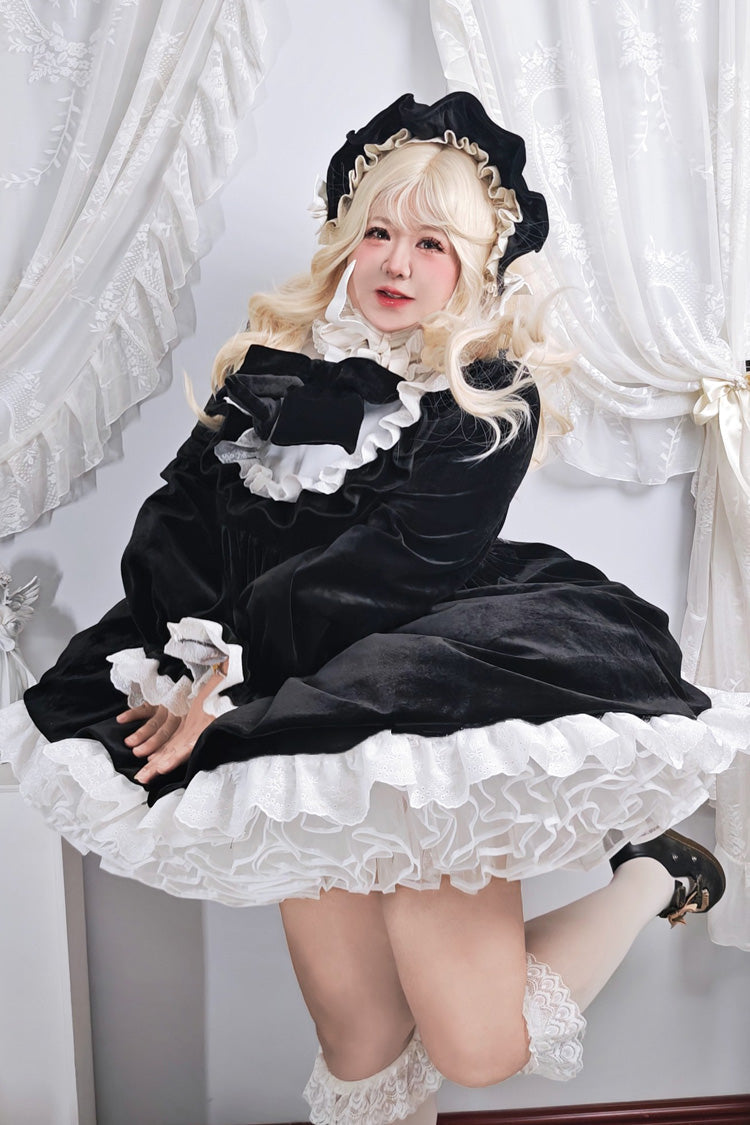 Black Antique Velvet Doll Stand Collar Long Sleeves Ruffled Bow Gothic Plus Size Lolita Dress