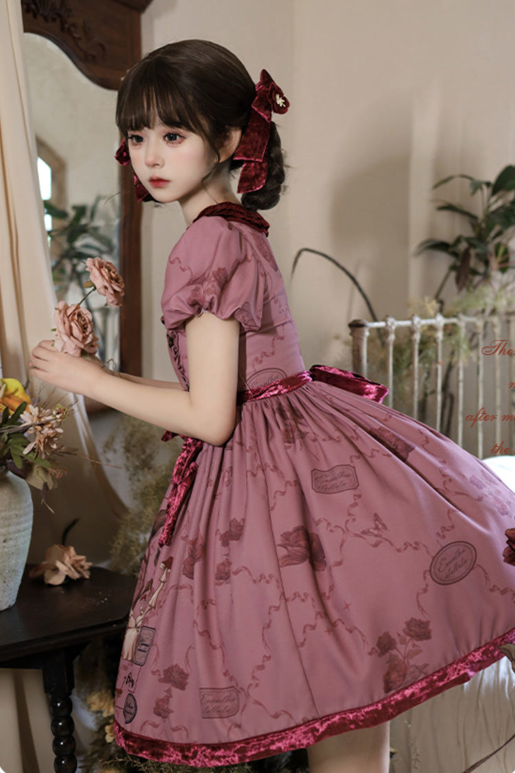 Red Short Sleeves Rabbit Sunflower Print Ruffle Embroidery Bowknot Sweet Lolita Dress