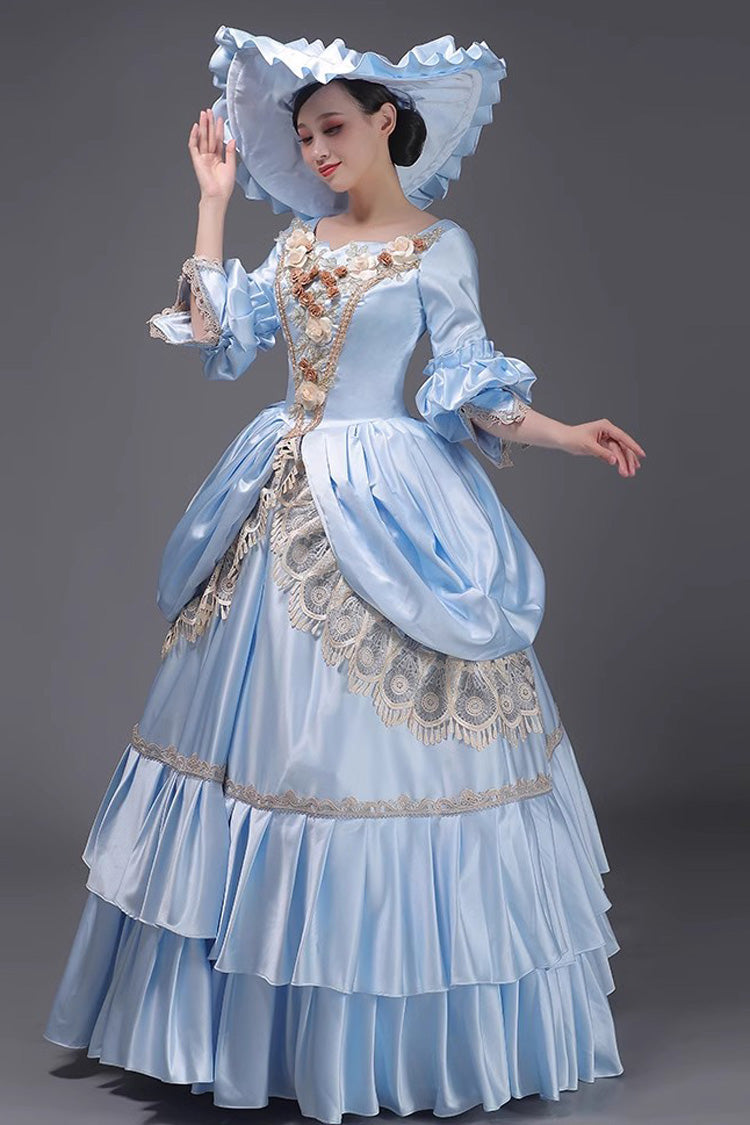 Blue 3D Flower Decoration Multi-layer Ruffle Embroidery Cardigan Sweet Vintage Princess Victorian Dress