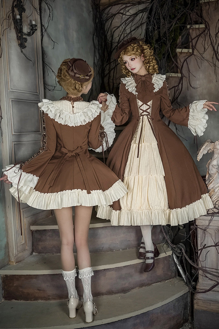 Brown/Beige Nutcracker Stand Collar Long Trumpet Sleeves Ruffle Cardigan Bowknot Lace-Up Sweet Lolita Dress Set 2 Versions