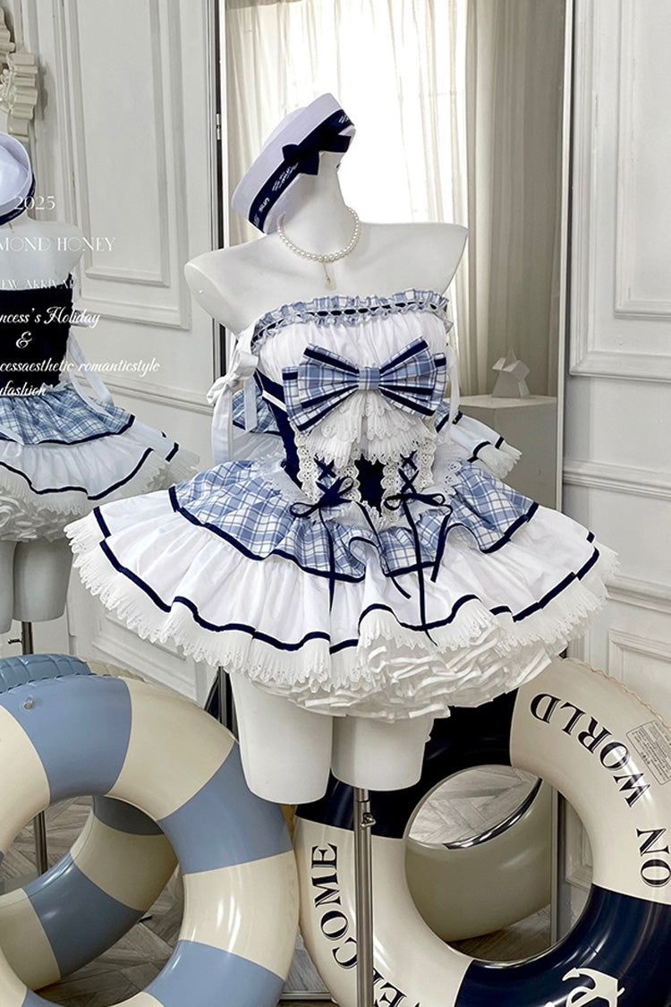 Blue/White Sailing Love Navy Collar Sleeveless Plaid Print Ruffle Bowknot Sweet Lolita Dress