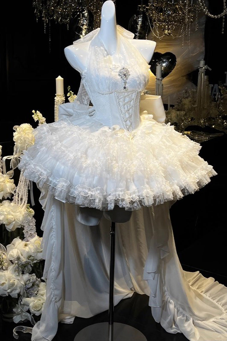 White Dream Halterneck Sleeveless Triple-Layered Ruffle Hanayome Lace Lace-Up Sweet Princess Lolita Dress