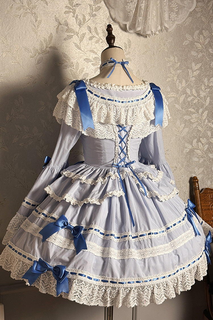 Blue/White Rabbit Sleeping Doll Long Trumpet Sleeves Ruffle Bowknot Lace Sweet Lolita Dress