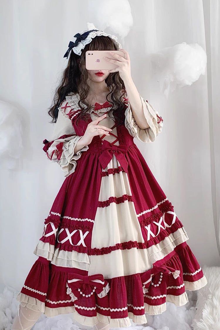 Wine Red Bowknot Long Sleeves Ruffle Sweet Lolita Op Dress