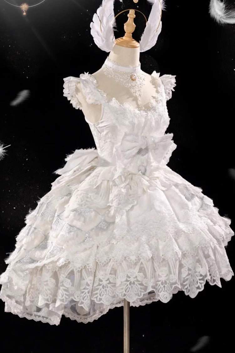 White Peacock Feather Multi-Layered Ruffle Hanayome Cardigan Bowknot Lace Sweet Lolita Jsk Dress Set