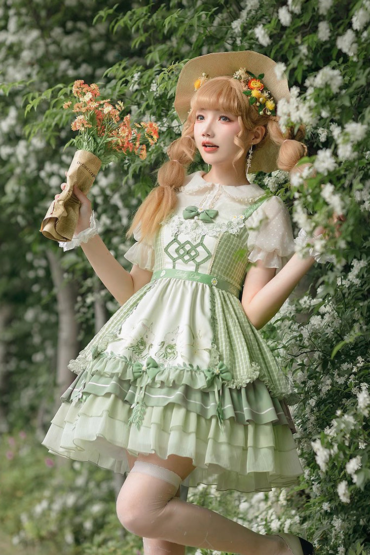 Green Multi-layer Print Ruffle Bowknot Country Style Sweet Lolita Jsk Dress (With Apron)