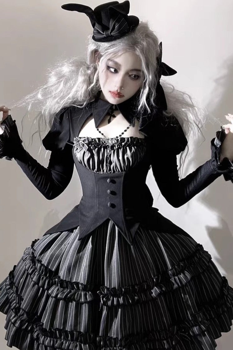 Black Duke of the Trap Rabbit Long Sleeves Stripe Print Ruffle Bowknot Lace Gothic Lolita Dress