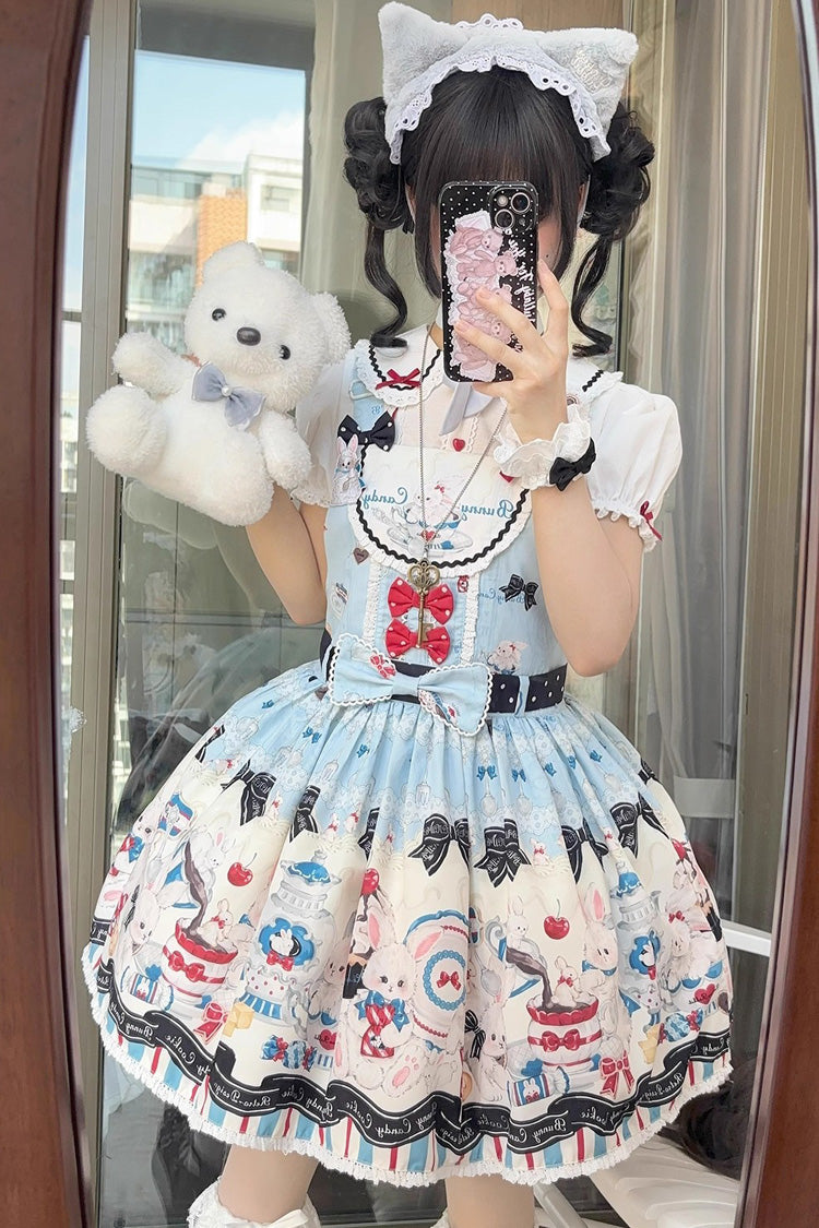 Blue Mystery Rabbit Tea Party Sleeveless Print Bowknot Lace Sweet Lolita Strap Dress
