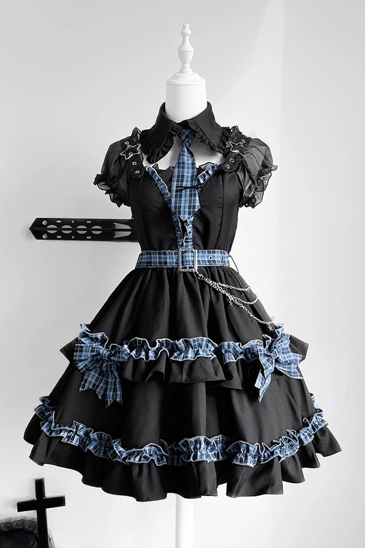 Black Dark Night Starlight Chain Ruffle Bowknot Lace Buckle Gothic College Style Lolita Dress Set
