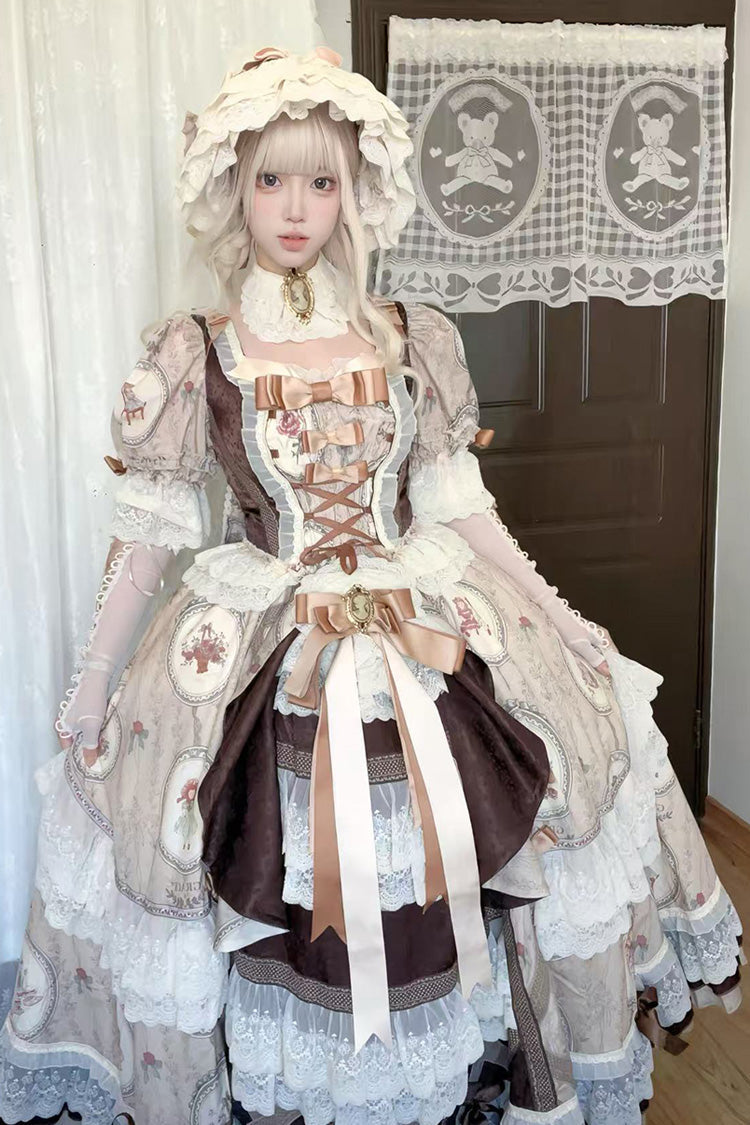 Brown Baker Street Tea Party Short Sleeves High Waisted Print Ruffle Embroidery Cardigan Bowknot Lace-Up Classic Vintage Princess Lolita Dress