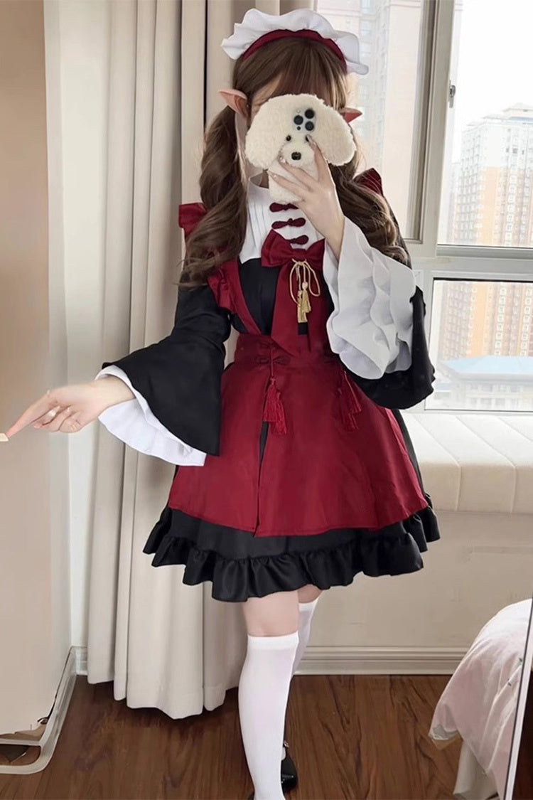 Black/Red Maid Long Trumpet Sleeves Ruffle Bowknot Classic Plus Size Chinese Style Lolita Dress Full Set
