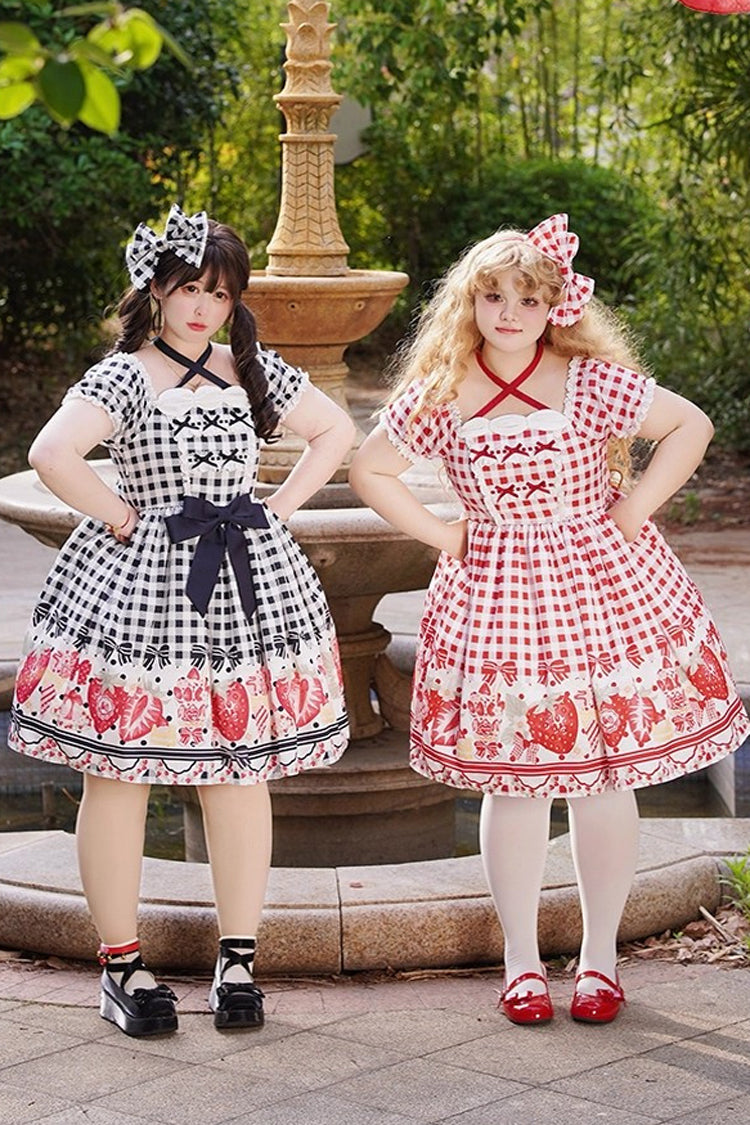 Red Short Sleeves Strawberry Plaid Print Bowknot Sweet Plus Size Princess Lolita Dress