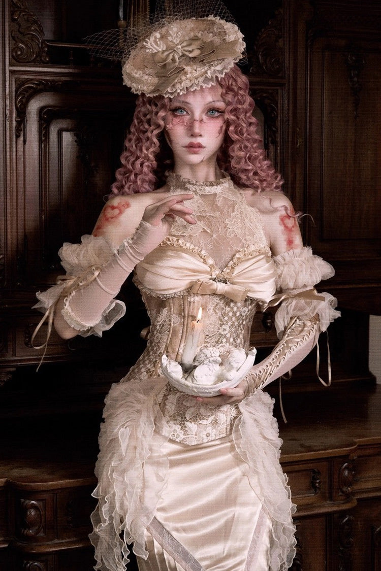 Golden Cupid's Poetry Box Halterneck Ruffled Embroidered Bow Lace Slim Fishbone Gothic Lolita Top and Skirt Dress Set