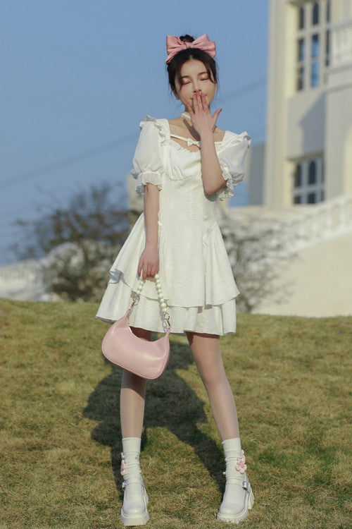 White Ruffled Square Collar Bubble Short Sleeves Double Layer Embossed Fabric Sweet Lolita Dress