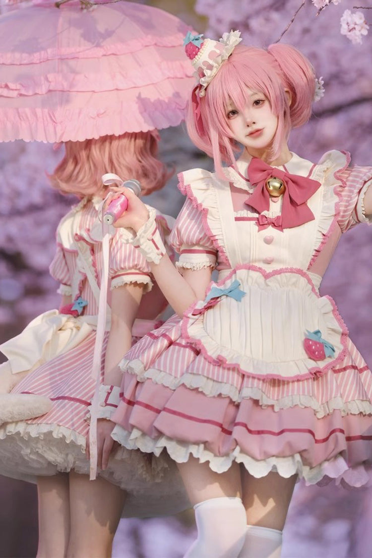 Pink Berry Bubbles Stripe Print Ruffle Bowknot Lace Sweet Lolita Dress