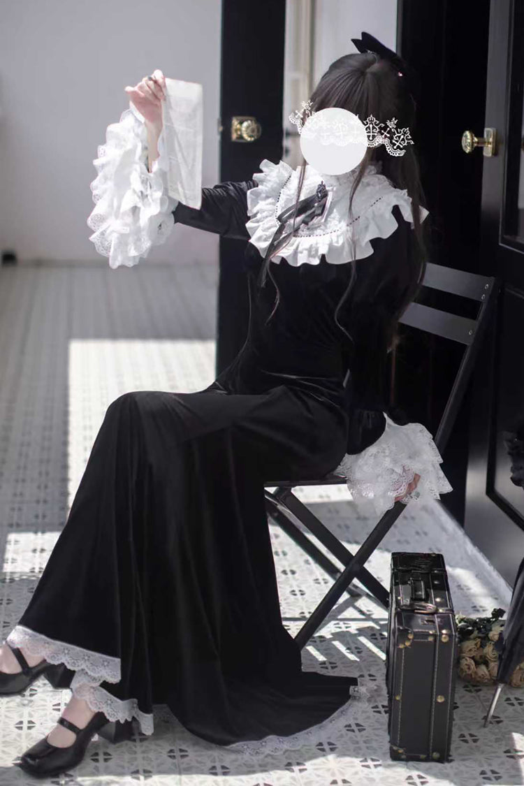 Black Raven-Feather Poetic Letter Velvet Long Hime Sleeves Ruffle Bowknot Gothic Elegant Lolita Fishtail Dress