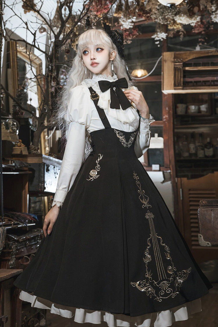 Black/White Violin Variations Ruffled Embroidered Gothic Lolita Jumper Dress Set