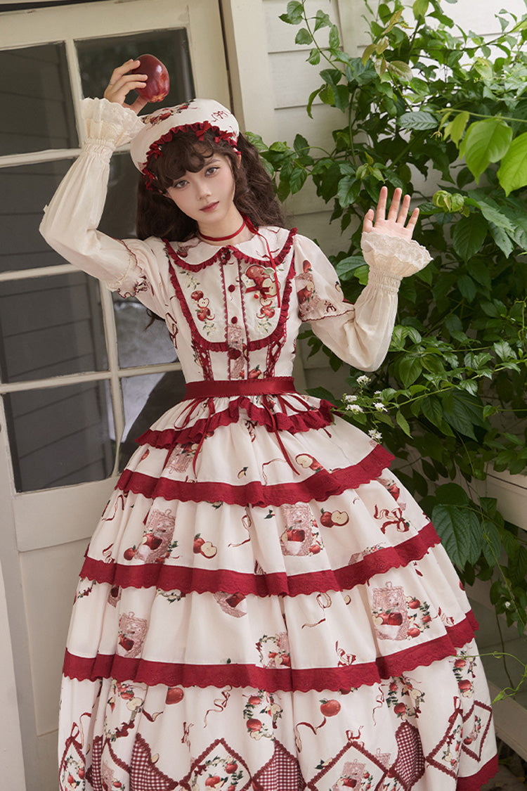 Red/Beige Triple-Layered Apple Orchard Print Ruffle Embroidery Sweet Lolita Long Skirt