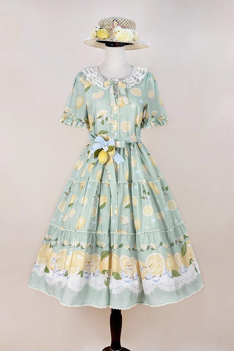 Green Lemon Chicken Short Sleeves Print Ruffle Bowknot Lace Daily Sweet Lolita Dress