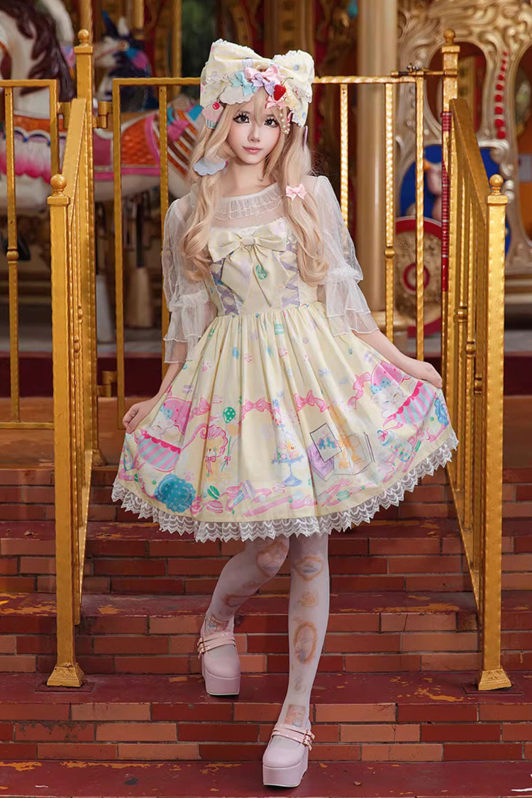 Macaron Dolly House Sleeveless Print Bowknot Lace-Up Sweet Lolita Jsk Dress 3 Colors