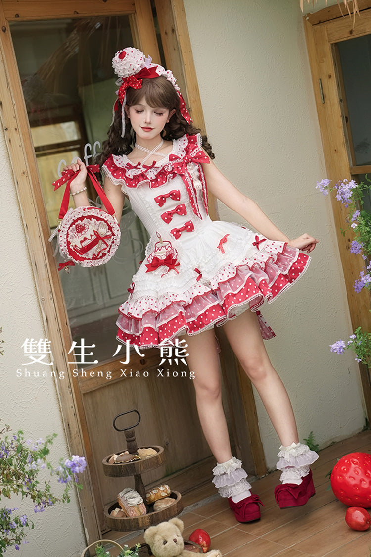 Red/White Twin Bears Sleeveless Triple-Layered Print Ruffle Bowknot Lace Sweet Lolita Jsk Dress