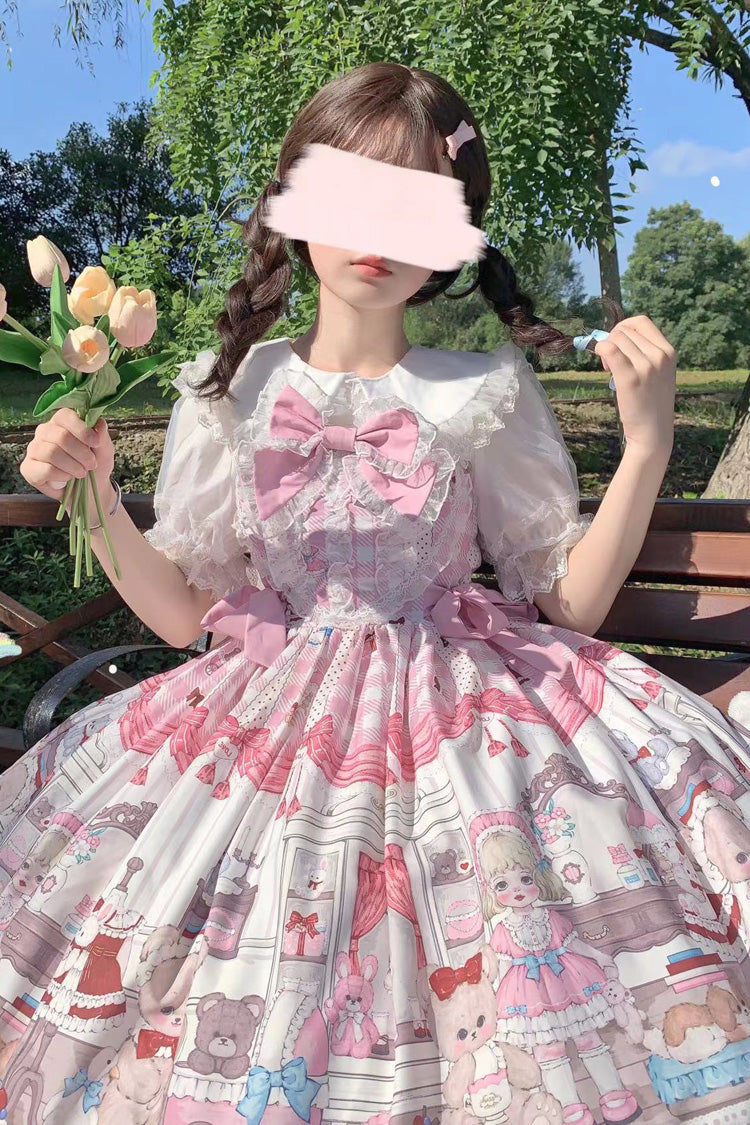 Pink Plush Bear and Doll Print Ruffle Bowknot Lace Sweet Lolita Jsk Dress