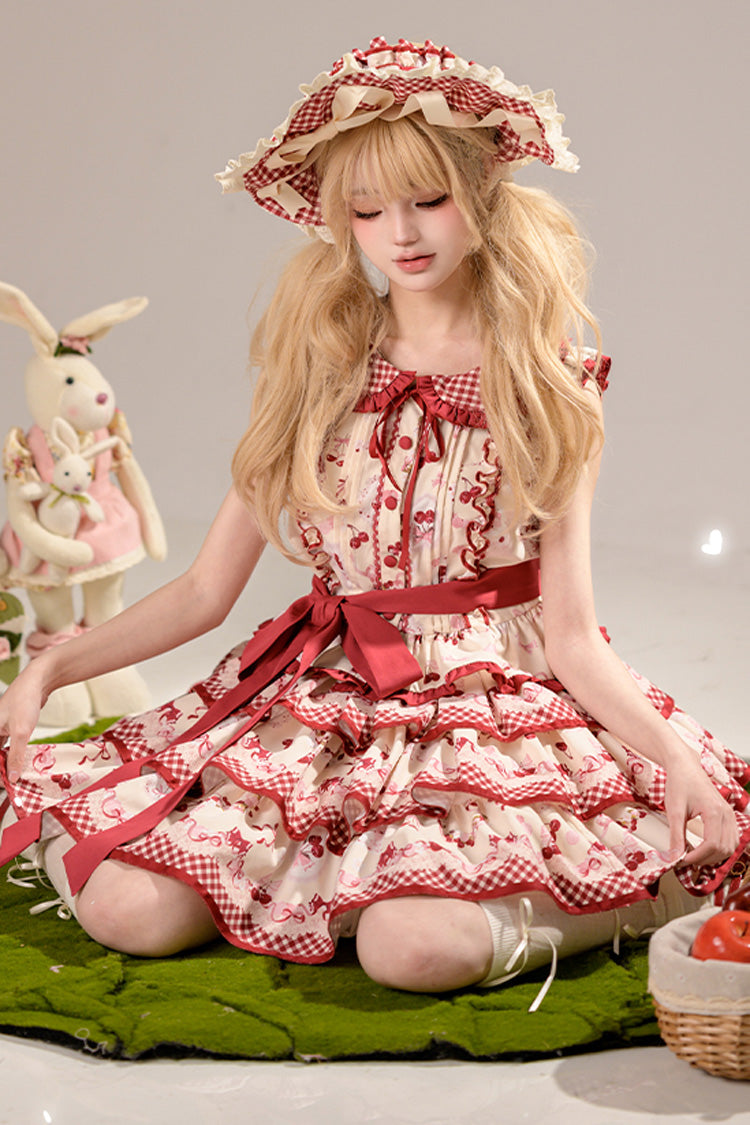 Red Triple-Layered Cherries Are Ripe Print Ruffle Sweet Lolita Skirt Set