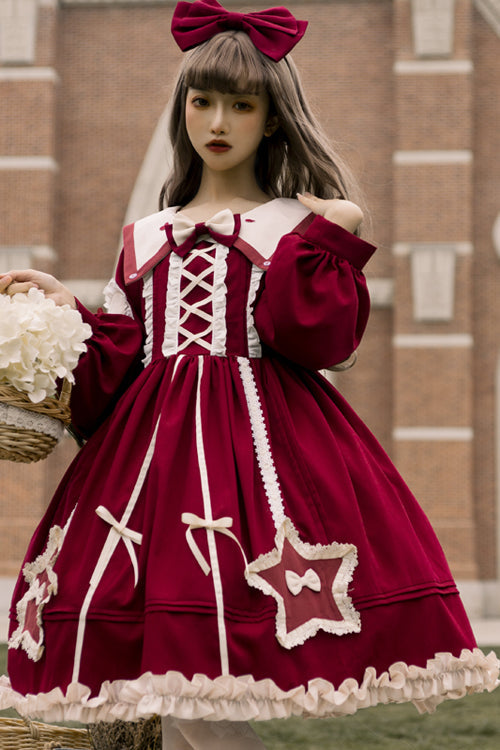 Round Collar Chiffon Ruffled Lantern Sleeves Pentagram Embroidered High Waisted Sweet Lolita OP Dress