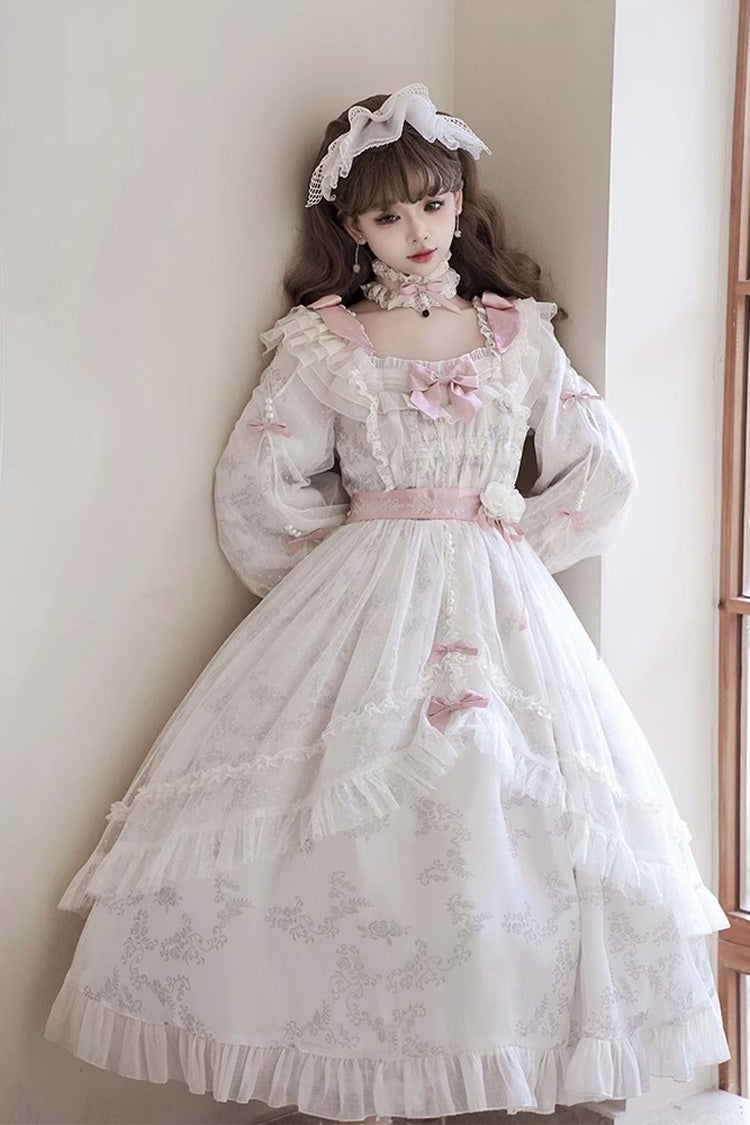 Ivory Long Sleeves Rose Print Bowknot Sweet Princess Lolita Dress