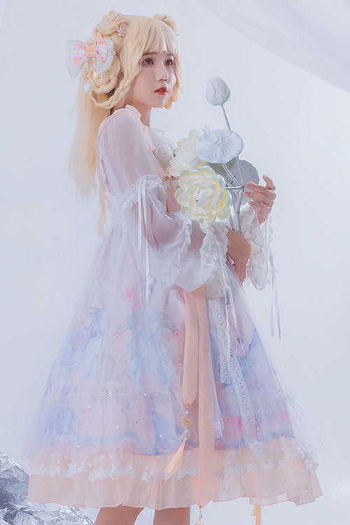 Light Blue Violin Cat Print Bowknot High Waisted Multi-Layer Ruffled Sweet Lolita Jsk Dress