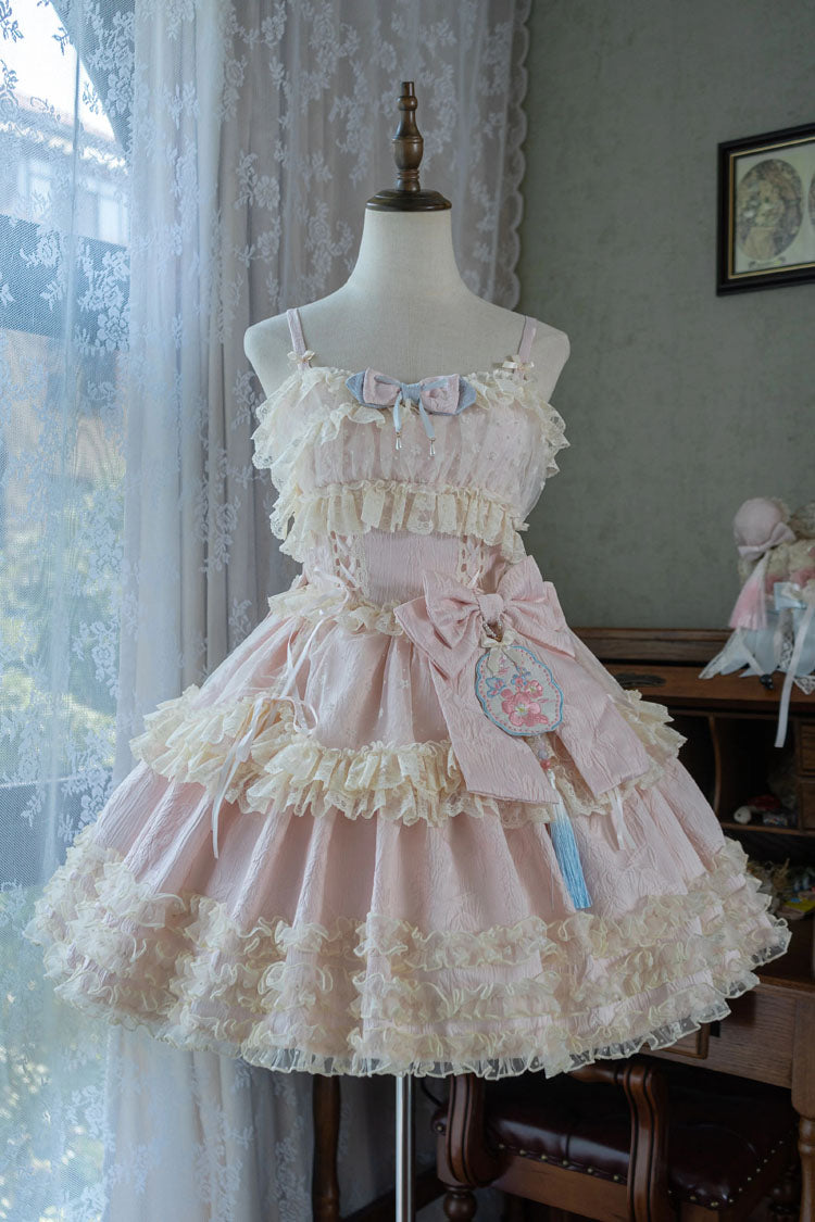 Good Night, Peach Sleeveless Multi-Layered Ruffled Bow Lace Sweet Chinese Style Lolita Jsk Dress 3 Colors