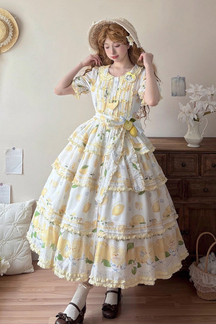 White Lemon Chicken Short Sleeves Triple-Layered Print Ruffle Bowknot Lace Sweet Gorgeous Lolita Dress