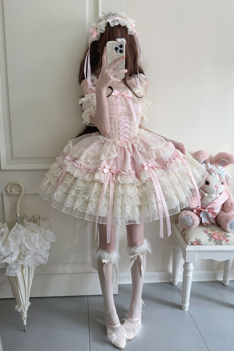 Pink Ribbon Heart Love Sleeveless Multi-Layered Ruffle Bowknot Lace Lace-Up Sweet Princess Ballet Lolita Jsk Dress