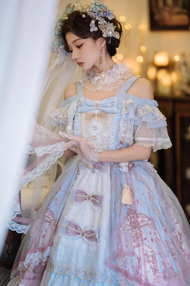 Blue Moonlight Melody Off Shoulder Sleeveless Multi-Layered Hanayome Open-Front Bow Lace Sweet Gorgeous Lolita Jsk Dress Set